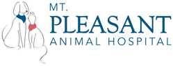 Logo of mt. pleasant animal hospital featuring a stylized drawing of a dog and a cat in gray tones with the hospital name in blue text.